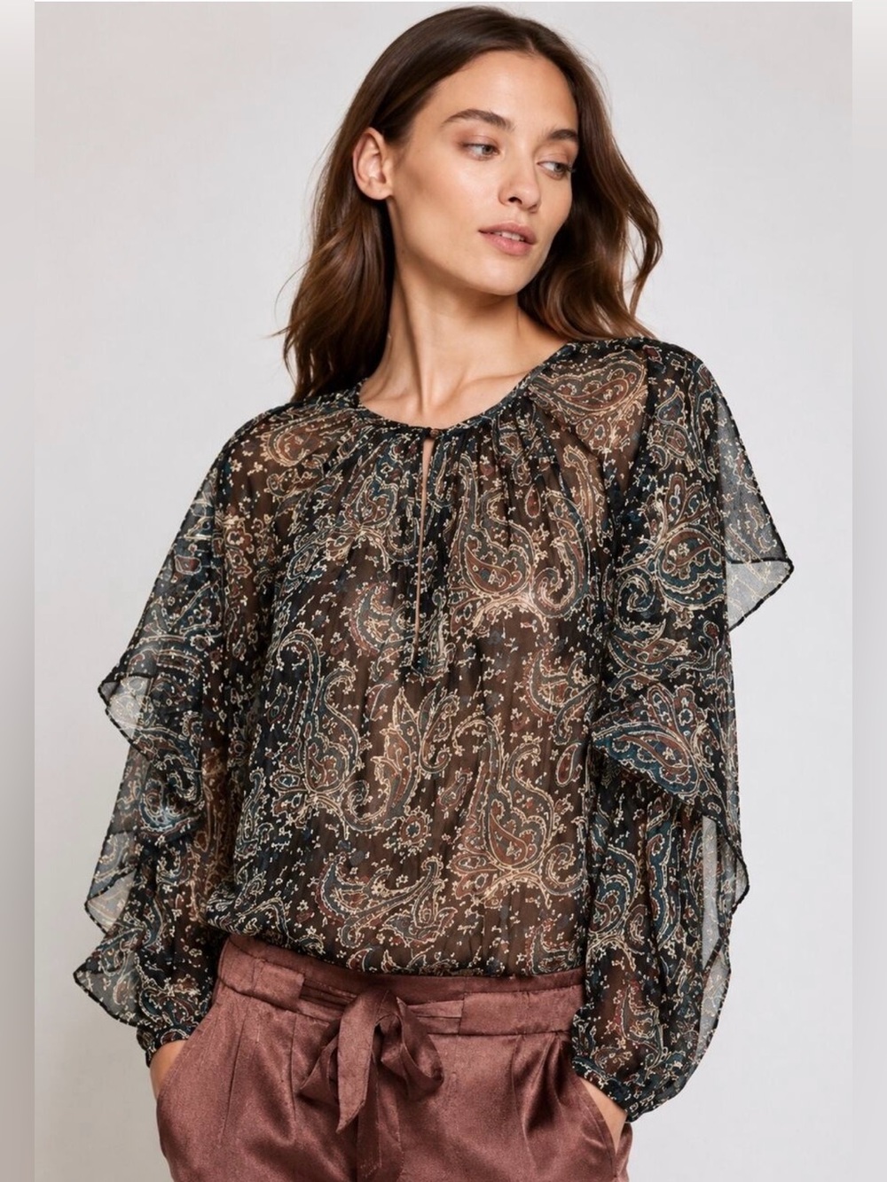 Joie Kriston Paisley Semi Sheer Metallic Blouse NEW Large
